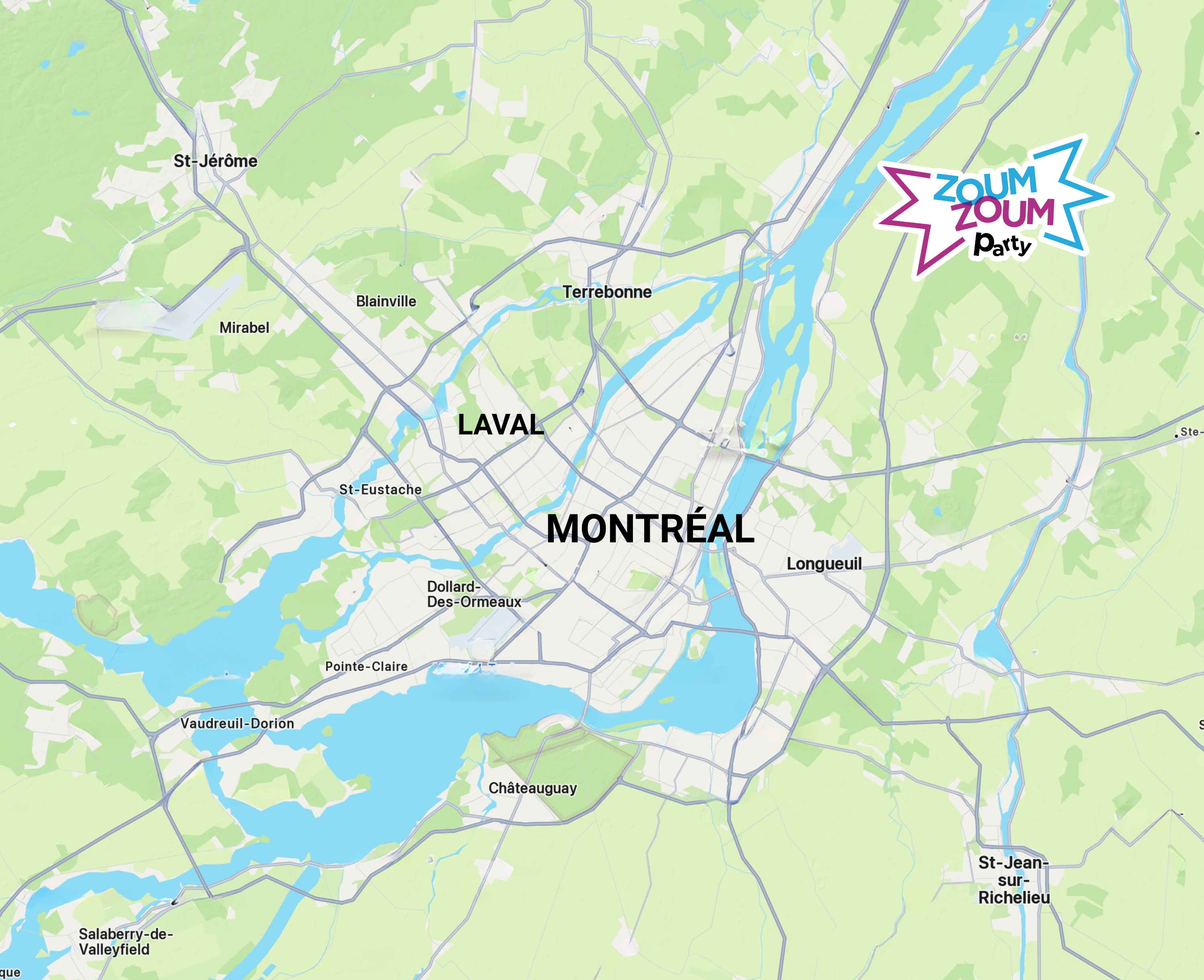 Zone de service pour animation de fete Zoum Zoum Party, Montreal, Laval, Longueuil, Brossard, Boucherville, Saint-Jean-sur-Richelieu, Candiac, La Prairie, Delson, Chambly, Mascouche, Terrebonne, Blainville, Mirabel, St-Eustache, St-Jérôme