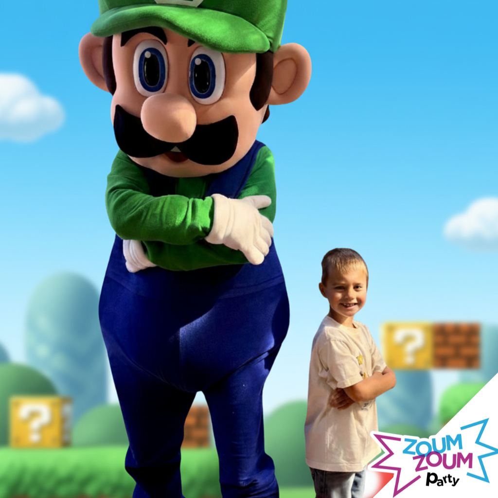 Fête mascotte avec cadeau Luigi
