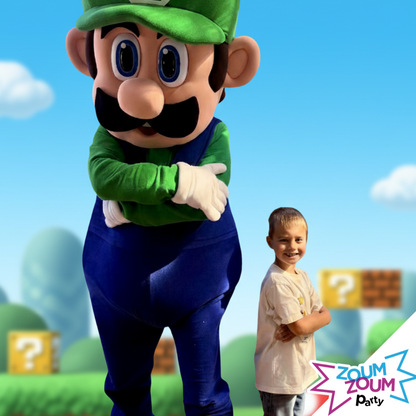 Fête mascotte avec cadeau Luigi